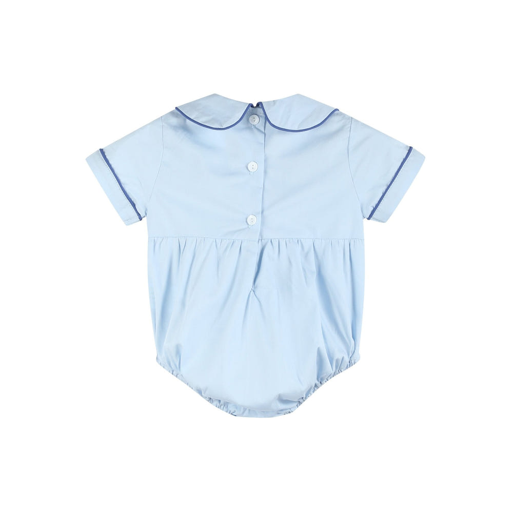 Blue Whale Smocked Collared Bubble Romper for babies, featuring a charming design in soft blue fabric.