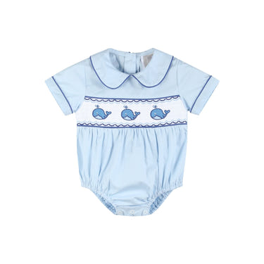 Blue Whale Smocked Collared Bubble Romper for babies, featuring a charming design in soft blue fabric.