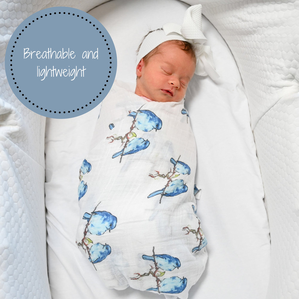 Blue Bird Of Happiness Baby Muslin Swaddle Blanket - MOOGCO Baby
