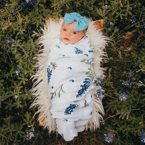 Bluebonnets baby muslin swaddle blanket and burp cloth/bib combo gift set for newborns.