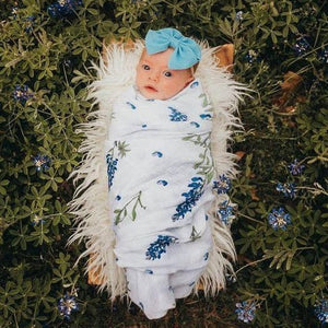 Gift Set: Bluebonnets Baby Muslin Swaddle Blanket and Burp Cloth/Bib Combo Soft Breathable Bamboo Cotton