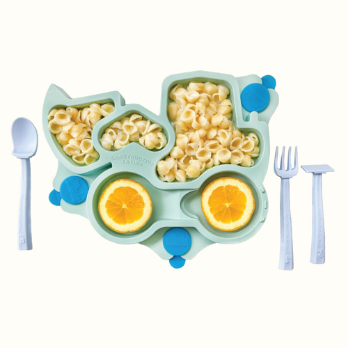 Truck training plate and utensils for babies, designed for fun and easy feeding. Angle 6 view.
