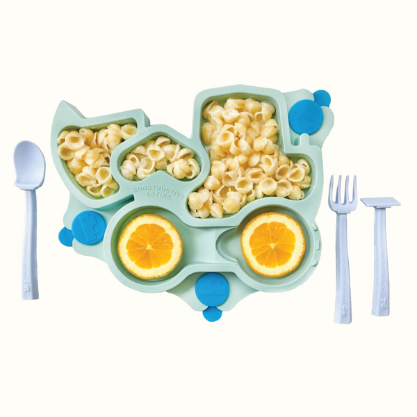 Truck training plate and utensils for babies, designed for fun and easy feeding. Angle 6 view.
