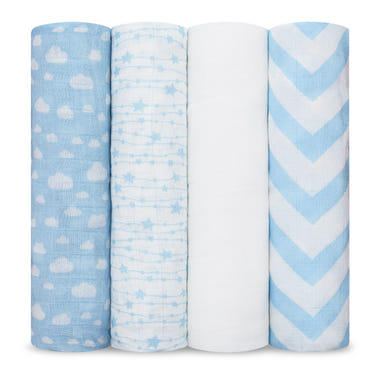 Blue muslin swaddle blankets, 4 pack, soft and breathable for comfortable baby wrapping.