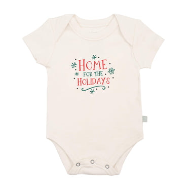 Graphic bodysuit for babies, "Home for the Holidays," perfect for festive occasions. Short sleeve design.