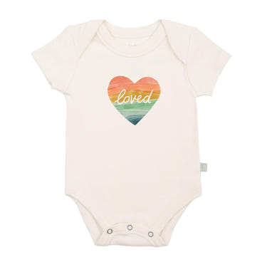 Short sleeve graphic bodysuit featuring a loved rainbow heart design for babies.