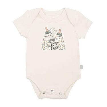 Short sleeve graphic bodysuit for babies featuring "Poppin Bottles" design. Perfect for playful and stylish outfits.