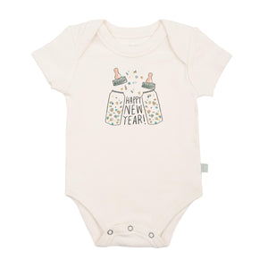 Short sleeve graphic bodysuit for babies featuring "Poppin Bottles" design. Perfect for playful and stylish outfits.