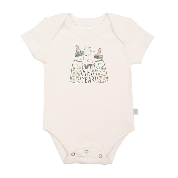 Short sleeve graphic bodysuit for babies featuring "Poppin Bottles" design. Perfect for playful and stylish outfits.