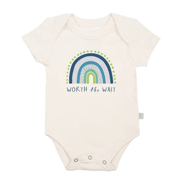 "Graphic bodysuit 'Worth the Wait' for babies - stylish short sleeve design."