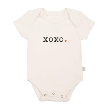 "XOXO graphic short sleeve bodysuit for babies, stylish and comfortable babywear."
