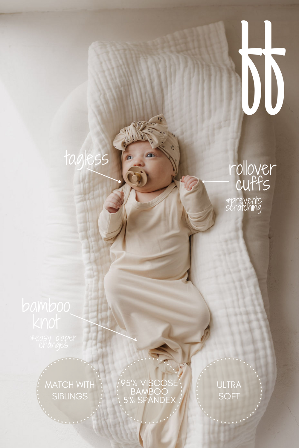 Bamboo knotted gown in bone color for babies, soft and breathable fabric for comfort.