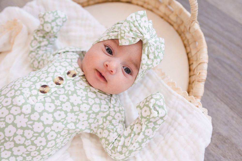 Bow Turban Hat - Sage Ditsy Floral