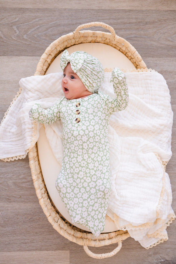 Bow Turban Hat - Sage Ditsy Floral