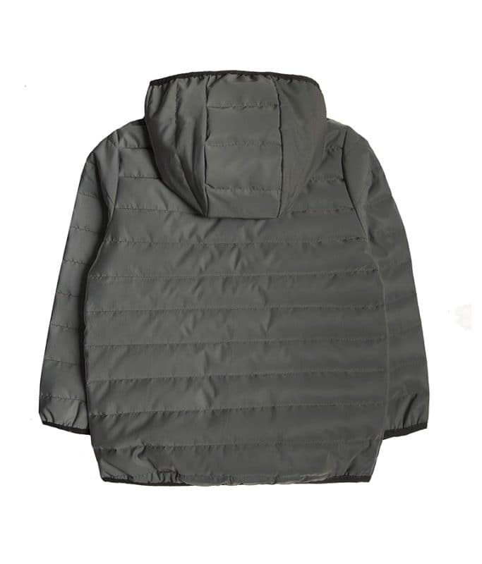 Gray reflective puffer jacket for boys, perfect for warmth and style in coats and parkas.