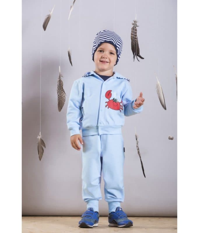 Light blue boys' pants featuring a fun crab design, perfect for stylish and comfortable playtime.