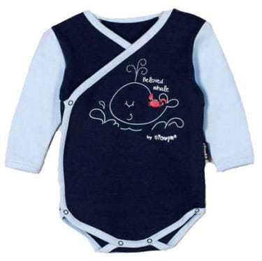Boys Top Whale Baby Basics One Piece Long Sleeve Bodysuit in blue with whale print for infants.