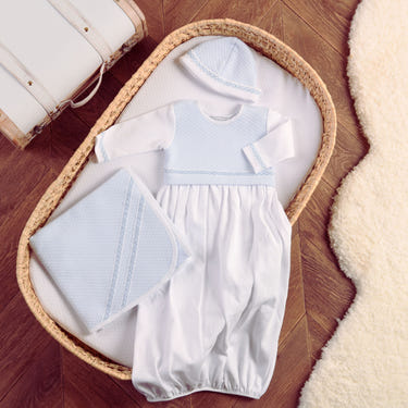Boys white and blue quilted cotton gown set for babies and toddlers, stylish and comfortable ensemble.