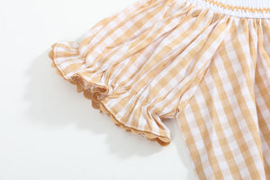 Brown Gingham Football Smocked Bishop Dress