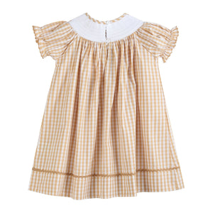 Brown Gingham Football Smocked Bishop Dress