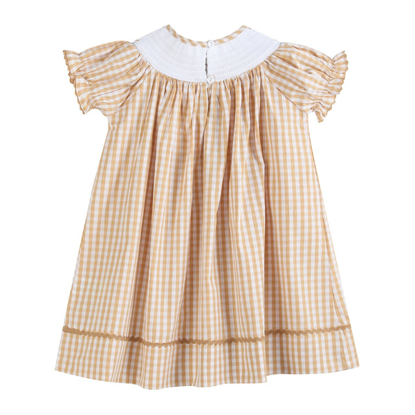 Brown Gingham Football Smocked Bishop Dress