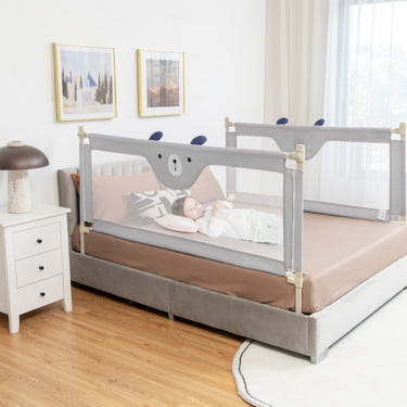 Vertical Lifting Baby Bedrail Guard with Lock in Gray - Safe and stylish bed rail for infants.