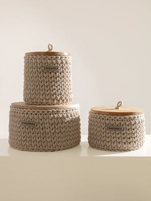 Round Storage Baskets w/ Wooden Lid Recycled