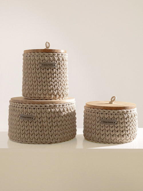 Round Storage Baskets w/ Wooden Lid Recycled