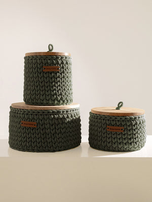 Round Storage Baskets w/ Wooden Lid Recycled