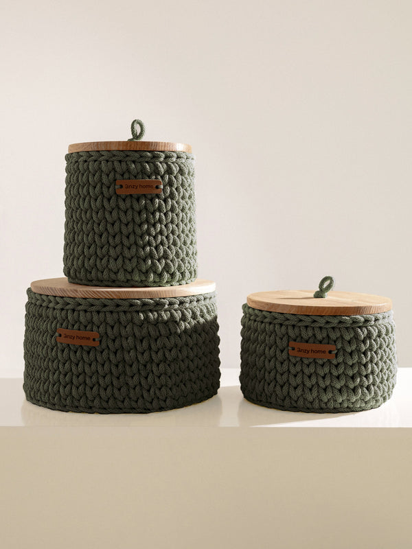 Round Storage Baskets w/ Wooden Lid Recycled