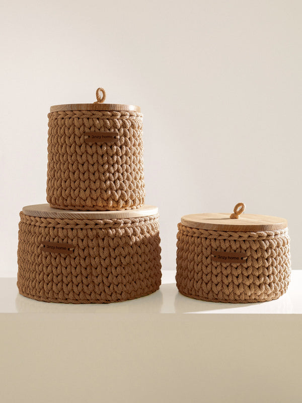 Round Storage Baskets w/ Wooden Lid Recycled