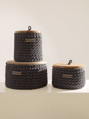 Round Storage Baskets w/ Wooden Lid Recycled