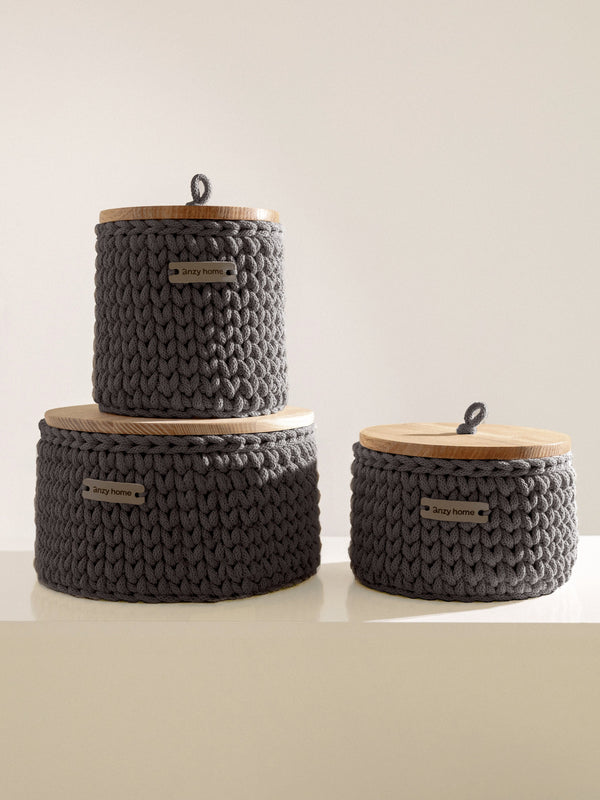 Round Storage Baskets w/ Wooden Lid Recycled
