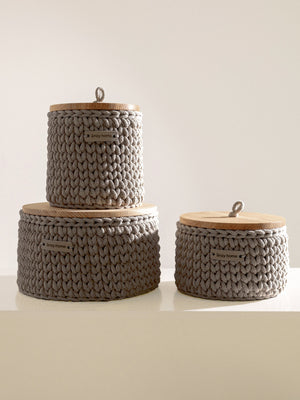 Round Storage Baskets w/ Wooden Lid Recycled