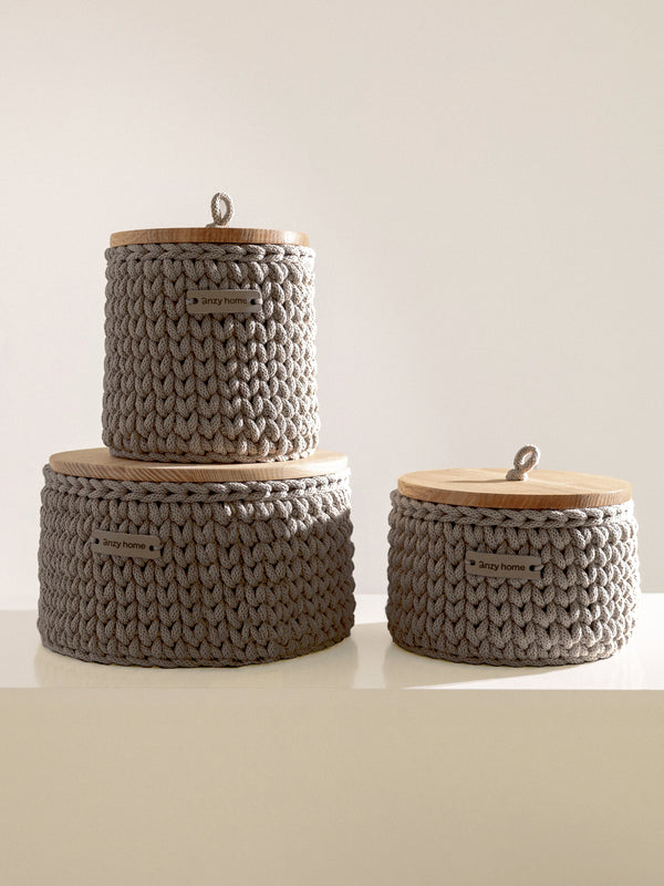 Round Storage Baskets w/ Wooden Lid Recycled