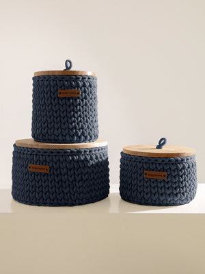 Round Storage Baskets w/ Wooden Lid Recycled