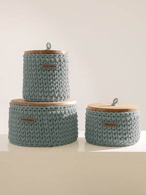 Round Storage Baskets w/ Wooden Lid Recycled