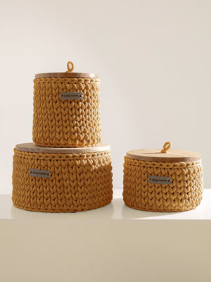 Round Storage Baskets w/ Wooden Lid Recycled
