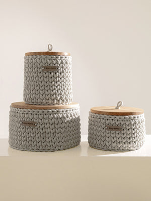 Round Storage Baskets w/ Wooden Lid Recycled