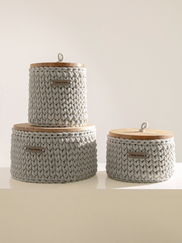 Round Storage Baskets w/ Wooden Lid Recycled