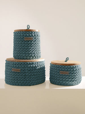 Round Storage Baskets w/ Wooden Lid Recycled