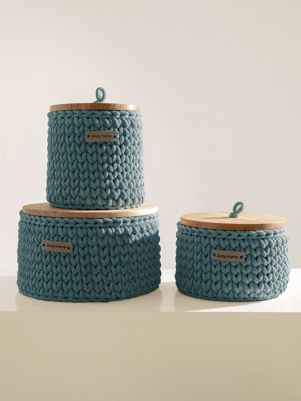 Round Storage Baskets w/ Wooden Lid Recycled