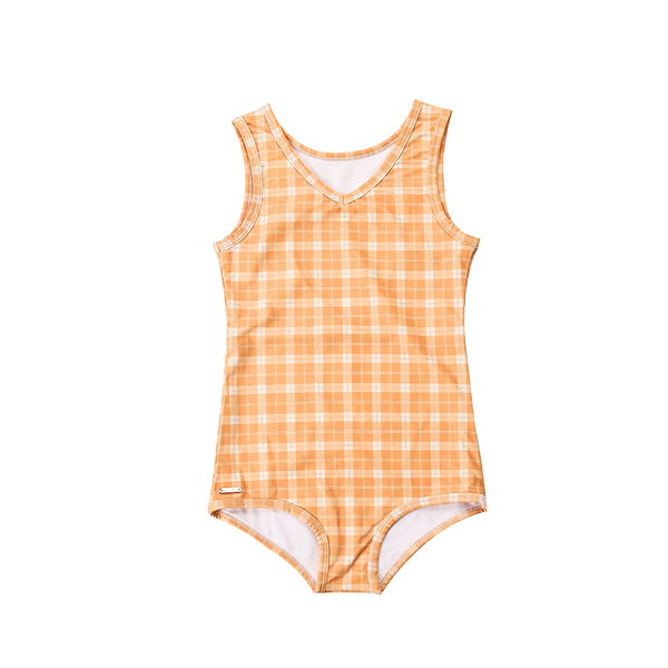 Sweetheart 1 Piece Swimsuit in Buckwheat Plaid, UPF protected and made from recycled materials for babies.
