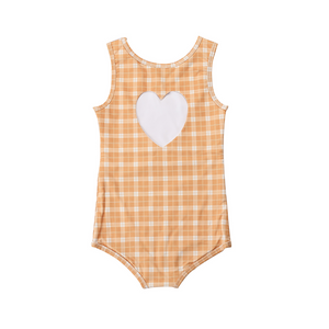 Sweetheart 1 Piece Swimsuit in Buckwheat Plaid, UPF protection, eco-friendly recycled fabric, angle view.