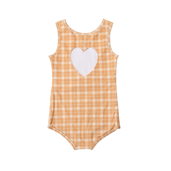 Sweetheart 1 Piece Swimsuit in Buckwheat Plaid, UPF protection, eco-friendly recycled fabric, angle view.