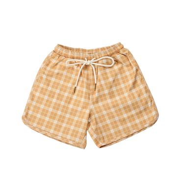 Baby swim trunks in buckwheat plaid, featuring UPF protection and made from recycled materials.