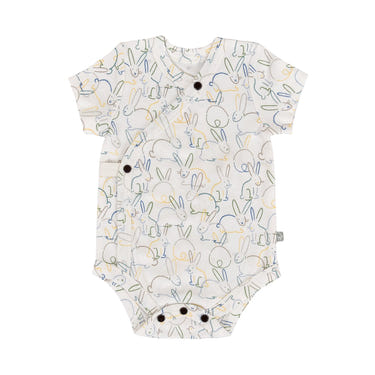 Short sleeve baby bodysuit featuring adorable bunnies, perfect for comfort and style.