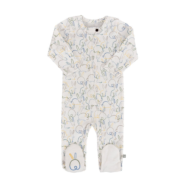 Soft baby footie with adorable bunny print, perfect for cozy comfort in one-piece style.