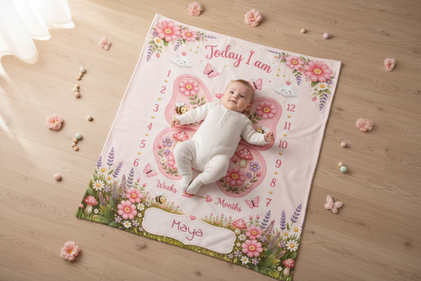 Personalized Baby Weekly & Monthly Milestone Blanket – Photoshoot Prop with Butterfly Garden Design
