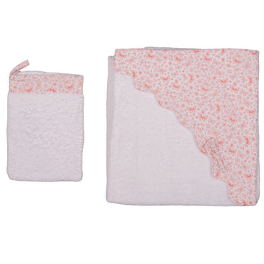 Girls white and pink butterfly hooded baby towel and mitt set for cozy bath time.